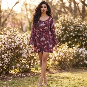 Speechless Dress Womens XL Burgundy Floral Boho Cottagecore Bell SleeveRomantic